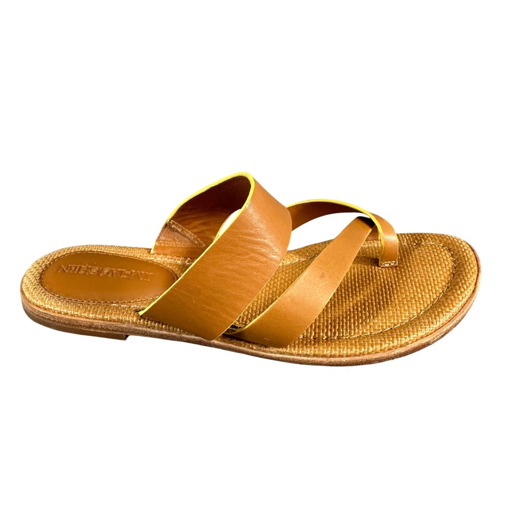 J.McLaughlin Womens Tan Leather Toe Loop Slide Sandals Yellow Trim Size 7